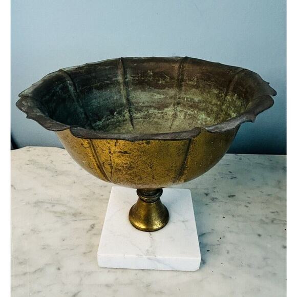Vintage Brass 7” Compote Marble Pedestal Base Bowl Patina - Picture 9 of 10